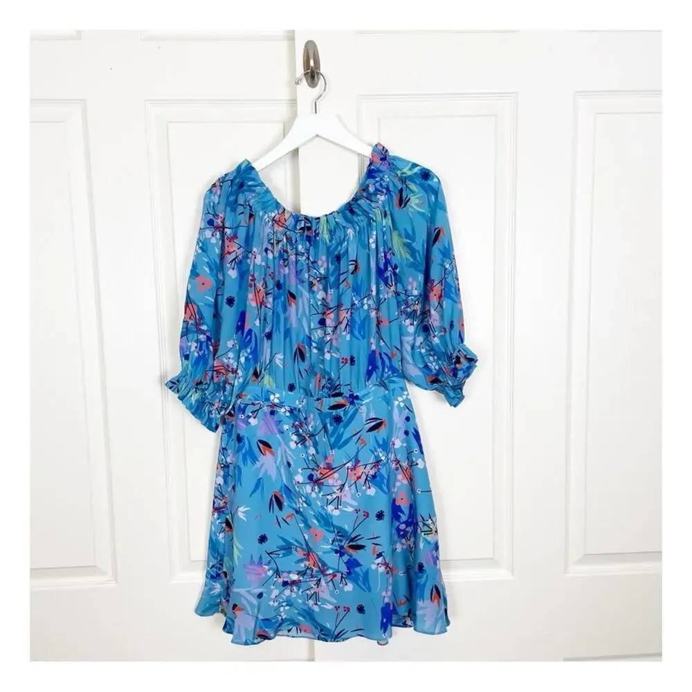 Saloni Grace Floral Blue Bell Off Shoulder Silk Dress Lined